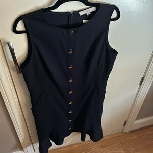 Loft, size 12, navy blue flounce dress with gold buttons and pockets